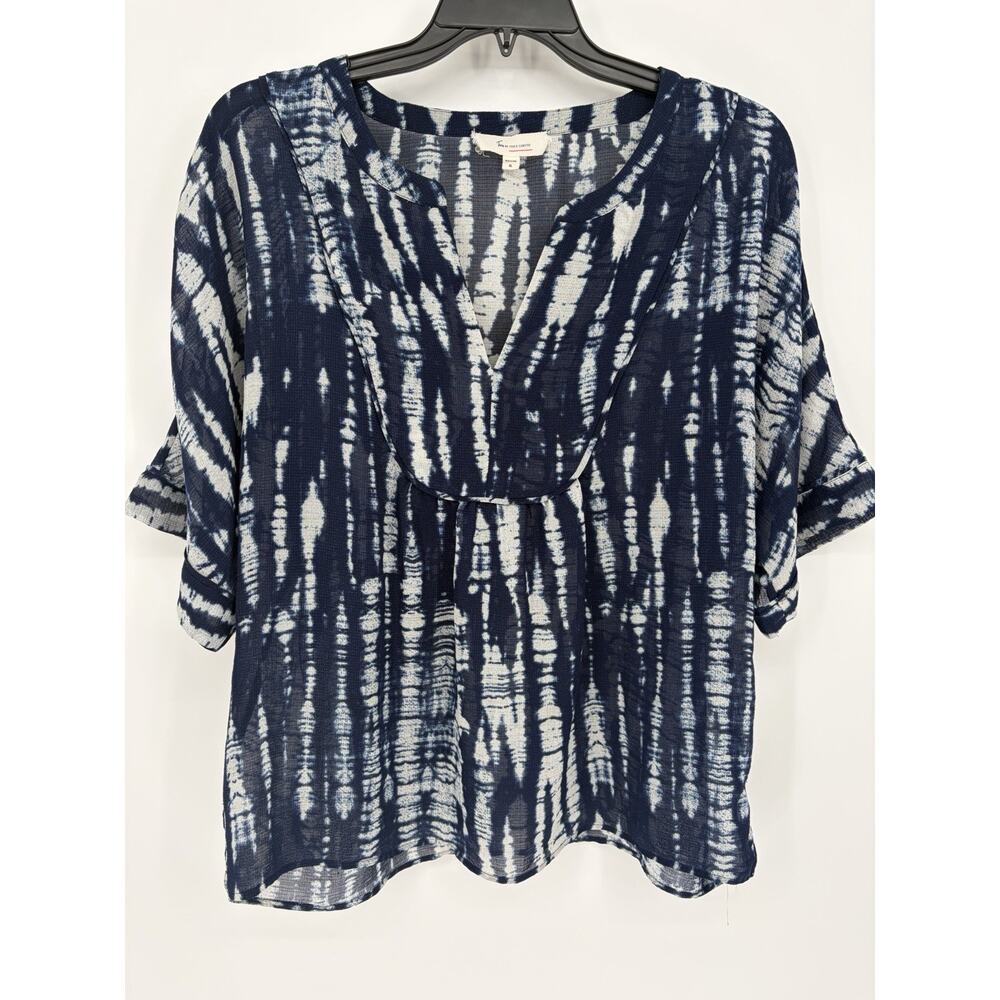 Two by Vince Camuto XL Blue White Tie Dye Flowy Boho Peasant Top Coastal Beach